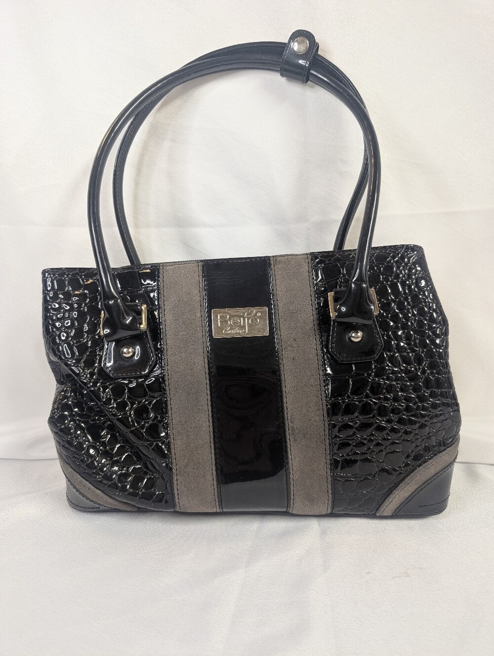 Beijo Black Patent & Gray Suede Trim Tote Bag -